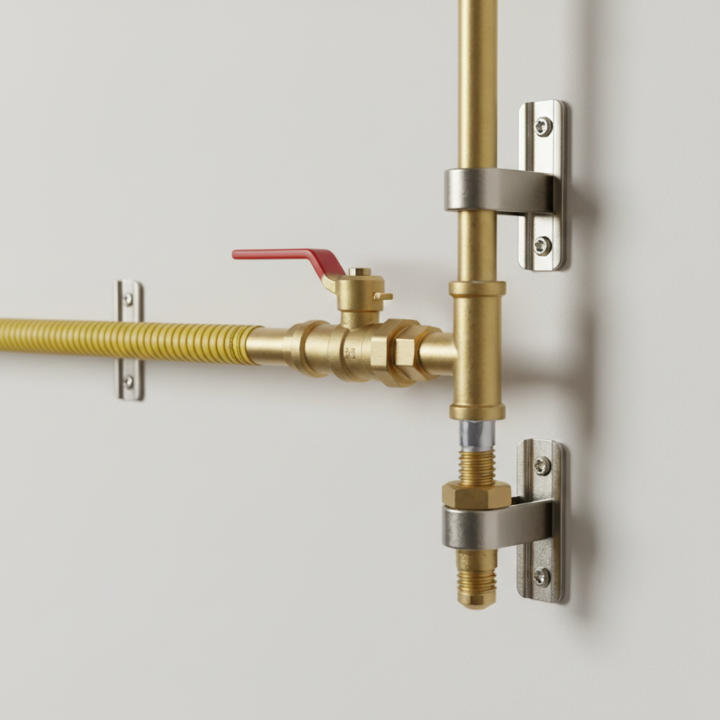 A close-up, detailed view of an impeccably installed interior gas line system, featuring golden-hued rigid gas piping transitioning to a flexible yellow-coated connector, all fastened with sturdy metal brackets to a smooth, off-white wall. Every threaded joint is crisp and clean, with a clearly visible shutoff valve and code-compliant drip leg. Soft, diffused studio-style lighting from the left creates subtle highlights along the pipe and gentle shadows on the wall, emphasizing precision and safety. Photographic realism with a shallow depth of field keeps the primary fittings tack sharp while the background gently blurs. The mood is highly professional and technical, ideal to illustrate expert gas line installation and code-compliant workmanship.