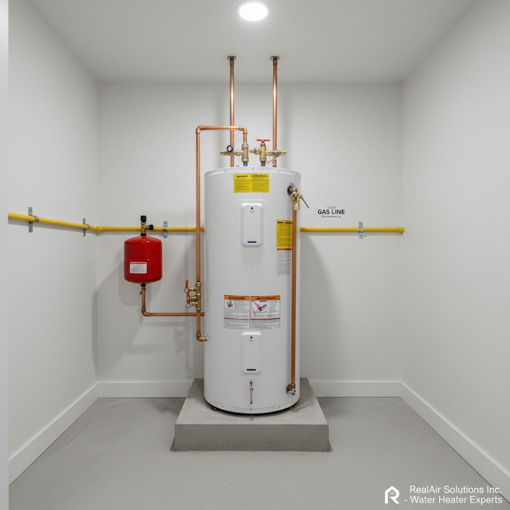 A modern utility closet showcasing a tall, energy-efficient gas water heater with a clean white enamel body, clearly visible safety labels, and neatly routed copper pipes, alongside an organized expansion tank and shutoff valves. The heater stands on a raised platform over a smooth, light-gray floor, with a simple white wall and labeled gas line running horizontally with precise brackets. Bright but soft overhead LED lighting reveals every detail without harsh glare. Captured in photographic realism from a slightly elevated angle, the image has sharp focus and a clean, minimal composition that highlights safety, quality workmanship, and RealAir Solutions Inc.’s expertise in water heater installation and maintenance.