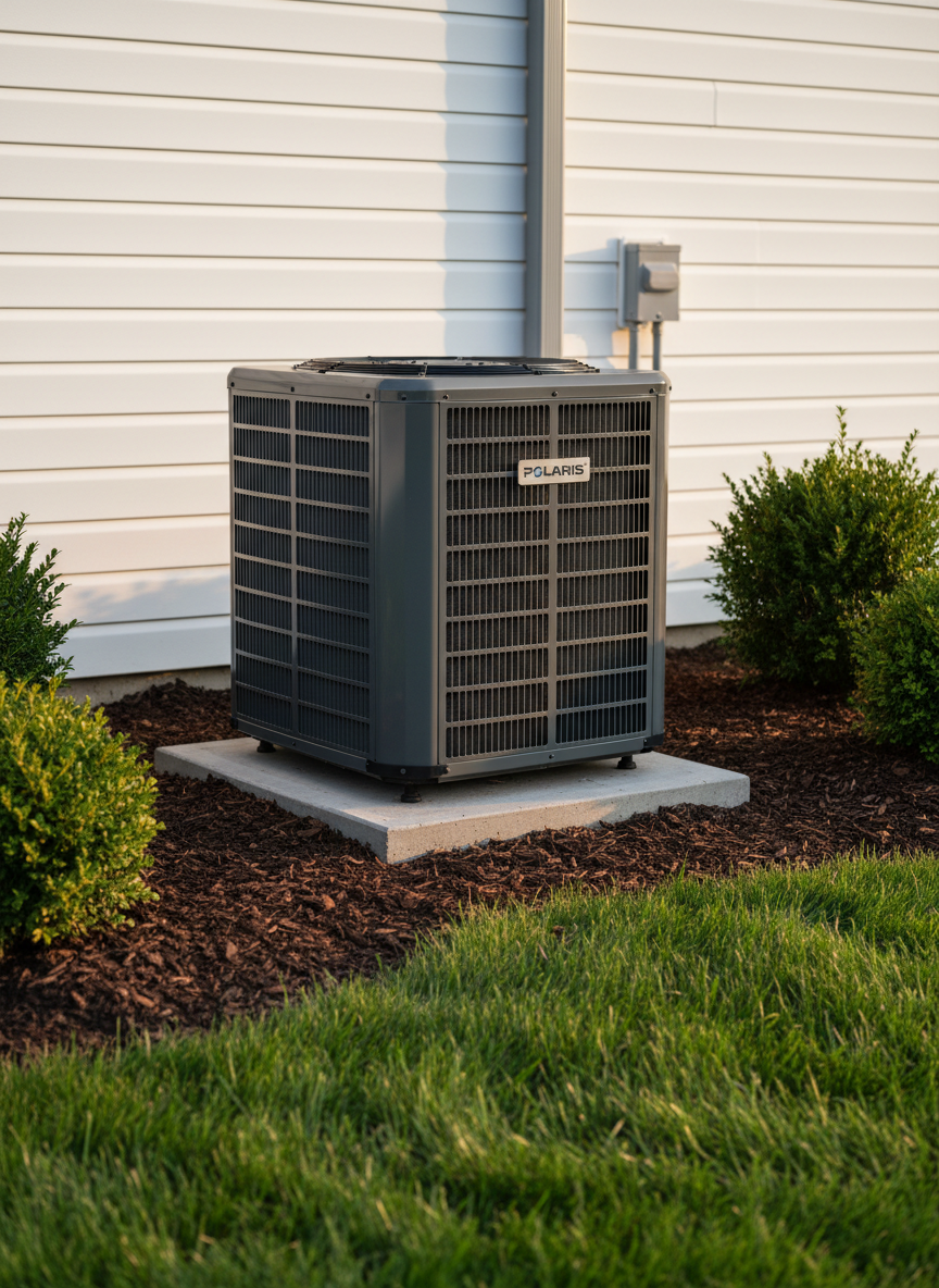 A gleaming outdoor residential air conditioning condenser unit with a dark charcoal protective grille and subtle branding plate, surrounded by freshly mulched landscaping, low evergreen shrubs, and neatly trimmed grass. The unit is perfectly level on a concrete pad beside a crisp, white siding wall with tidy conduit and shutoff box mounted securely. Late afternoon natural sunlight casts a gentle, warm glow and soft shadows, while the sky reflects faintly on the metal surfaces. Photographic realism, shot from a slightly low angle using the rule of thirds, emphasizes the condenser’s sturdy build and careful installation. The mood is calm, dependable, and professional, perfectly suited to represent reliable cooling services on a modern HVAC company website.