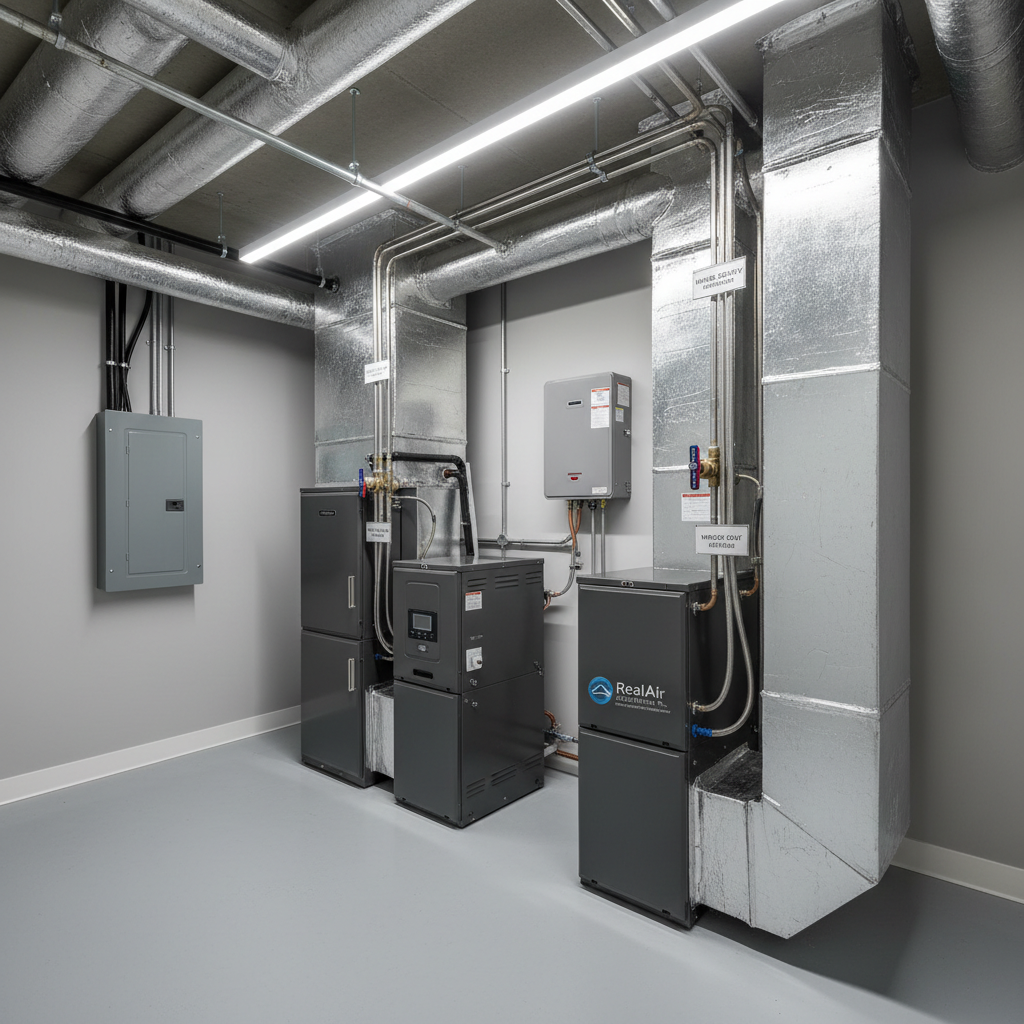 A pristine residential mechanical room featuring a matched set of modern HVAC equipment: a sleek, graphite-colored furnace, a coordinated air handler, and a tankless water heater aligned along a smooth, epoxy-coated floor. Overhead, insulated ductwork and carefully routed refrigerant and condensate lines run in straight, well-organized paths, with clearly labeled shutoff valves and junctions. Neutral gray walls and a tidy electrical panel complete the space. Even, bright LED lighting from above creates a clinical yet welcoming clarity, highlighting every surface in photographic realism. Shot from a wide, slightly elevated angle with sharp focus, the composition communicates organization, expertise, and RealAir Solutions Inc.’s comprehensive heating, cooling, and water heater solutions.