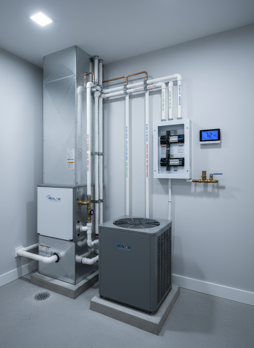 A meticulously installed high-efficiency furnace and central air conditioning unit in a spotless residential utility room, their clean metal housings in cool gray and white finishes, with neatly labeled copper and PVC lines running to a clearly organized distribution panel. The units sit on smooth concrete pads against a freshly painted light-gray wall, with color-coded shutoff valves and a digital thermostat panel nearby. Cool, even LED ceiling lighting creates soft, shadowless illumination, emphasizing cleanliness and order. Captured in photographic realism at eye level with sharp focus throughout, the composition uses a clean, modern aesthetic to convey professionalism, reliability, and RealAir Solutions Inc.’s commitment to doing every job right, ideal as a hero image for HVAC services.