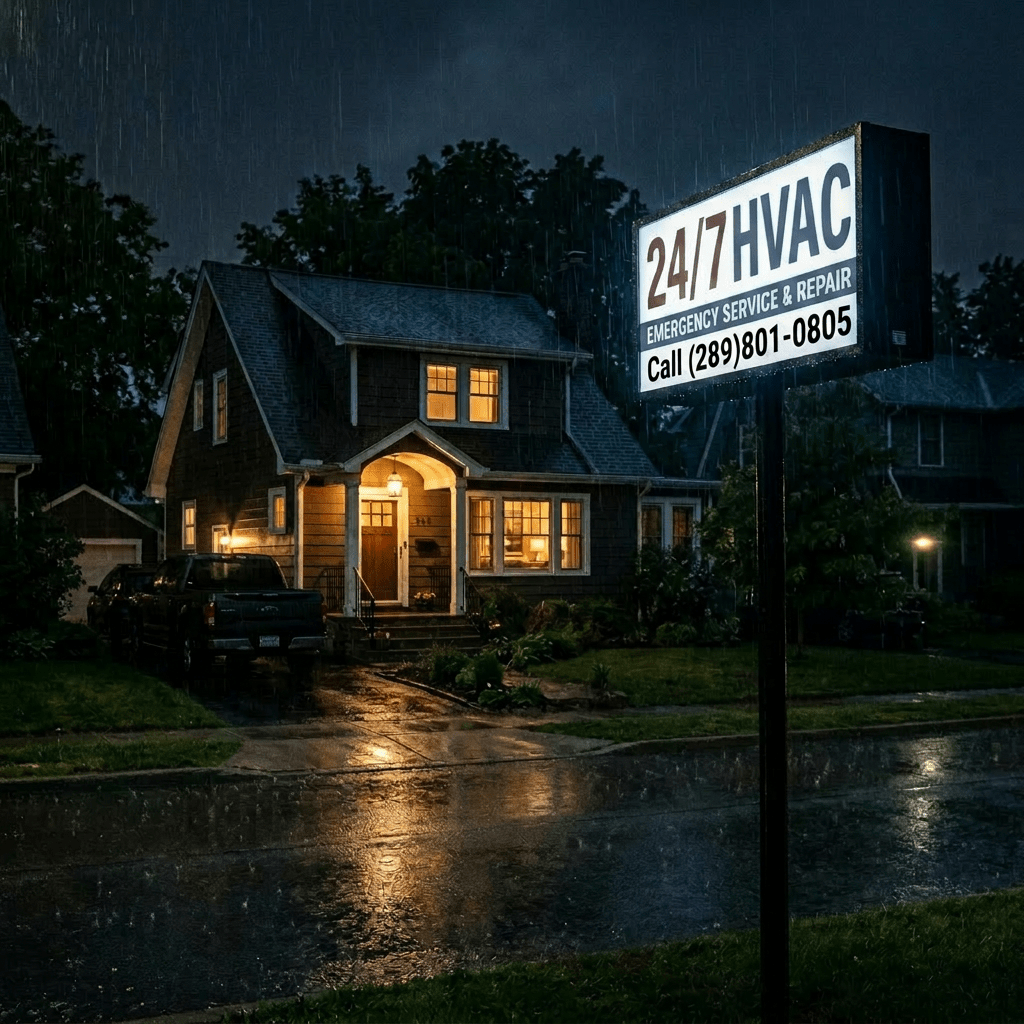 24/7 HVAC emergency service and repair sign lit up at night in rain with house in background